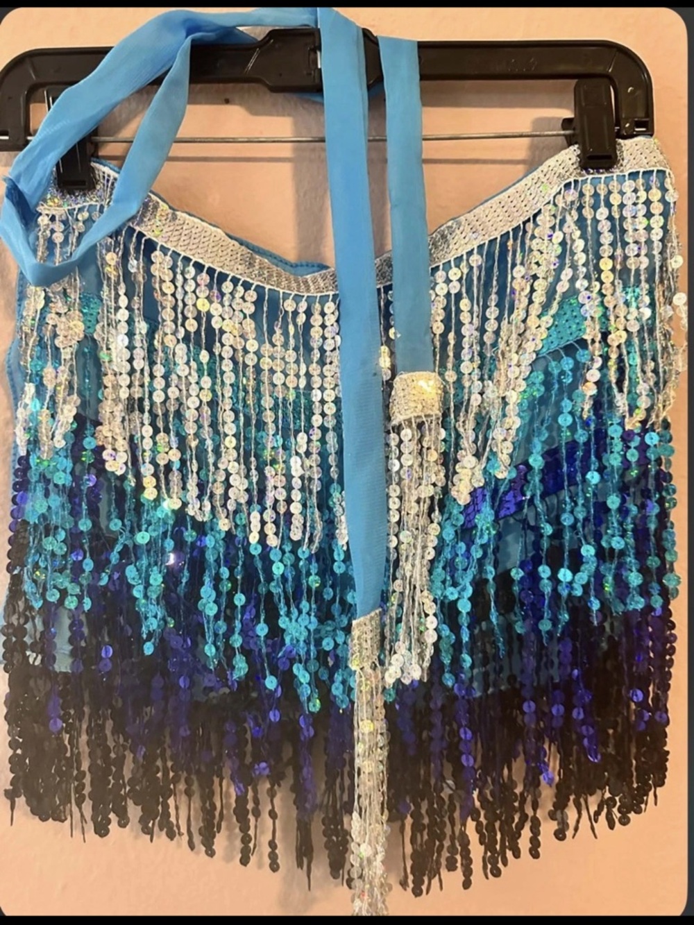 Blue Sequin Fringe Hip Scarf with Tassel Tie